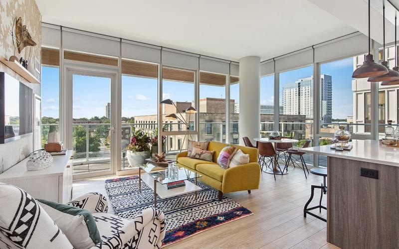 a living room with a large window
