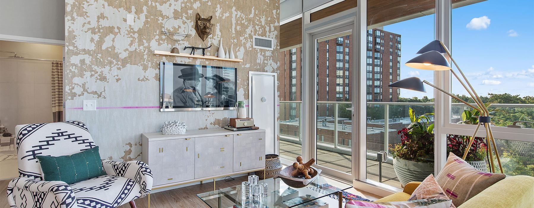 a living room with a large window